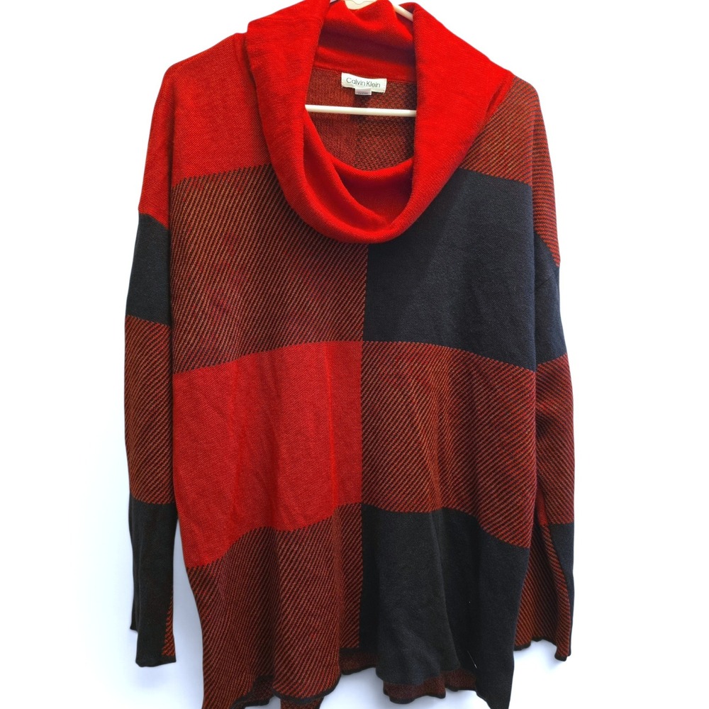 Calvin Klein Buffalo Plaid Cowl Neck Knit Sweater Women's L Red Black CabinCore